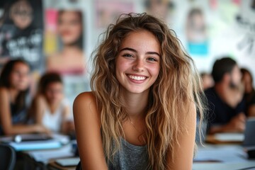 Cheerful young designer sitting in a meeting with her colleagues, Generative AI