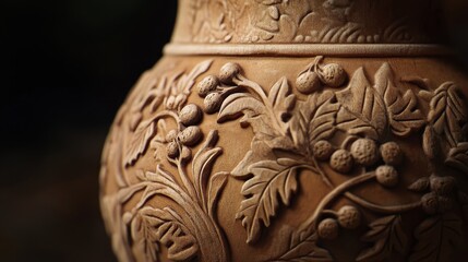 Close-up of carved laurel leaves and grape motifs on the neck of a Roman jug matte terracotta surface under soft lighting