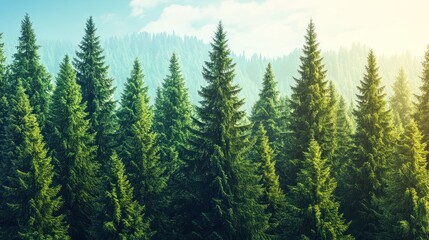 Fototapeta premium A dense forest of tall evergreen trees bathed in the warm glow of sunlight, with misty hills in the background under a clear sky.