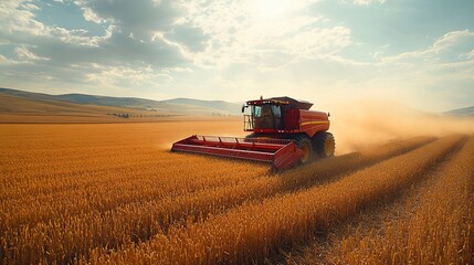Fototapeta premium A red combine harvester cuts through a golden wheat field, kicking up dust under a bright blue sky.