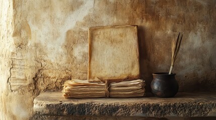 Roman wax tablet with parchment sheets bronze stylus and inkpot on stone shelf
