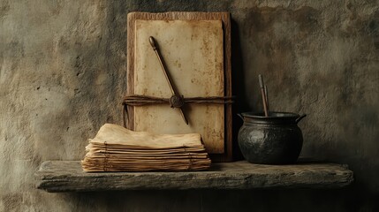 Upright Roman wax tablet with a bronze stylus and parchments tied with string