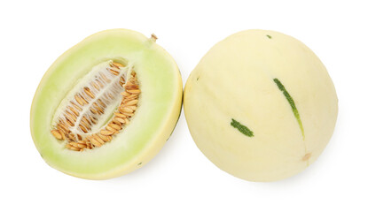 Whole and cut fresh ripe honeydew melons isolated on white
