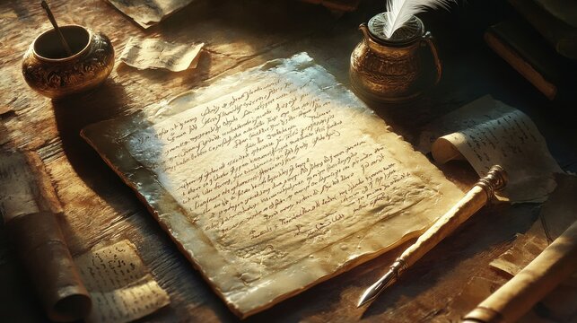 Roman wax tablet with detailed Latin script bronze stylus inkpot with quill and parchment scrolls