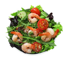 Delicious shrimp salad with vegetables isolated on white, top view