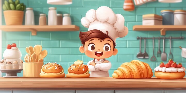 Cheerful cartoon baker with a mustache in a cozy bakery filled with freshly baked bread and pastries, ready to serve delicious treats.