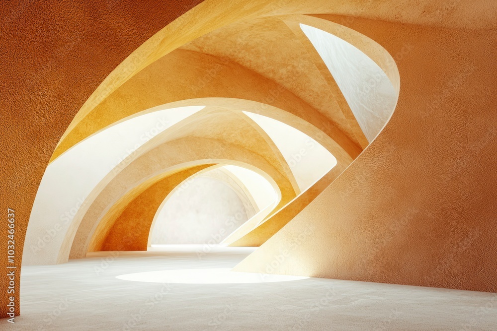 Poster abstract interior design with curved walls and light filtering through windows