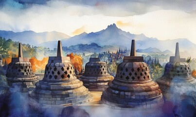 Watercolor Borobudur Temple at Yogyakarta Java Indonesia. Borobudur Temple is one of the most visited temple in Indonesia