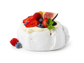 Pavlova cake (meringue dessert) with whipped cream, fresh berries, mint and fig isolated on white