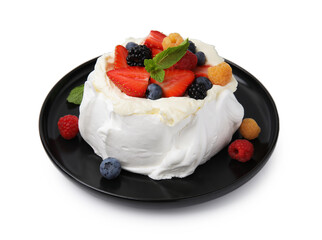 Pavlova cake (meringue dessert) with whipped cream, fresh berries and mint isolated on white