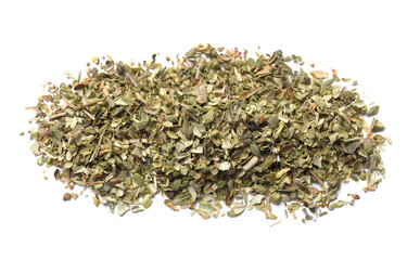 Pile of dried oregano isolated on white, top view