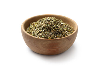 Dried oregano in bowl isolated on white