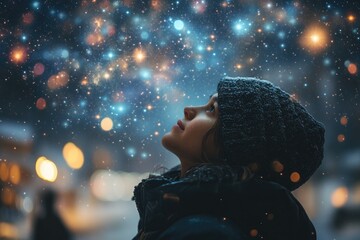 Fototapeta premium A person looking up at a night sky full of stars, with blurred constellations and cosmic patterns highlighting a moment of profound understanding