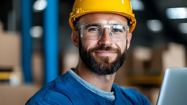Experienced male engineer confidently managing warehouse a laptop and wearing a blue jumpsuit as he oversees workflow logistics and technology driven processes in the industrial facility