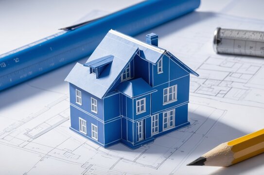 Blue model house on blueprint surrounded by drafting tools