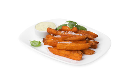 Sweet potato fries, basil and sauce isolated on white