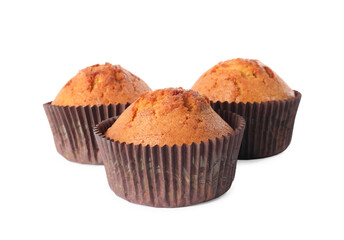 Three delicious sweet muffins isolated on white