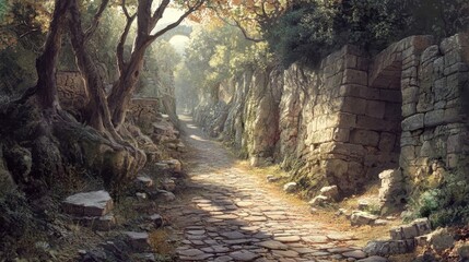 Obraz premium Roman road winding through narrow ravine tall trees and steep rocks dappled light filtering through