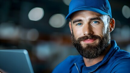 Confident male engineer in blue workwear using a laptop to check and analyze inventory data in a large industrial warehouse facility