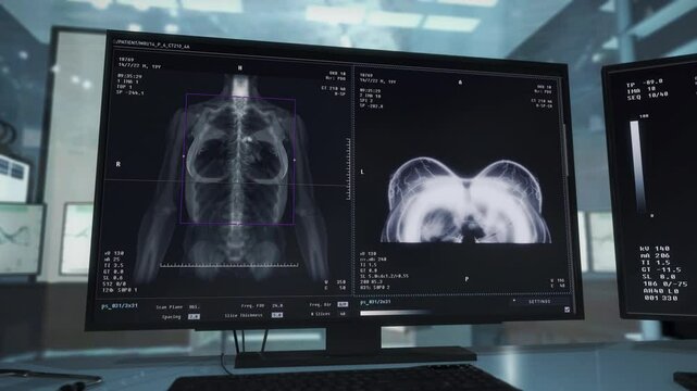 Mammography Screening Medical Examination Program Scans Breasts For Health Check. Medical Inspection Screening System. Medical Screening Examines Tissue For Disease. Cancer Examination. Diagnosis