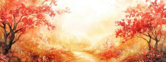 Watercolor painting of a path through a forest with red trees in the fall.