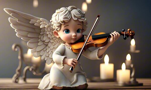 a 3d angel cherub cartoon character playing the violin digital art
