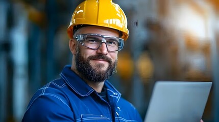 Confident engineering professional in blue jumpsuit holding a laptop while carefully inspecting and assessing the equipment and machinery in an industrial warehouse setting