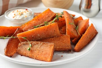 Pieces of tasty baked sweet potato with microgreens served on white table, closeup