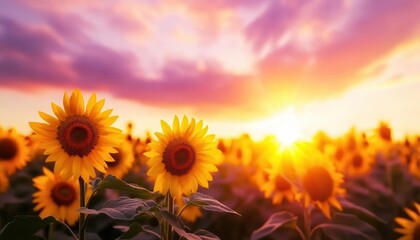 Fototapeta premium Sunflower field illuminated by the last rays of the setting sun, with a dramatic sky in shades of orange, pink, and purple Wideangle view, soft and peaceful ambiance
