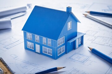 Blue model house on table with architectural plans and tools