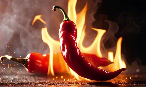 3d red hot chili peppers on fire with sparks and smoke