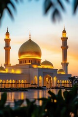 The wide shot of a mosque with detailed Islamic architecture