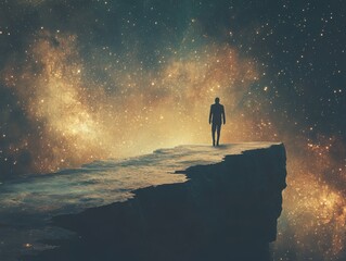 Fototapeta premium Starry sky with a man standing on a cliff