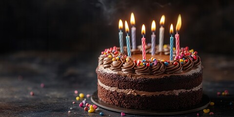 Chocolate birthday cake with colorful candles burning brightly, creating a festive atmosphere. Dark background highlights the celebration.