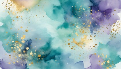 Soft watercolor hues of teal and lavender intertwine, accented by shimmering gold speckles, creating a dreamy backdrop that inspires creativity and calmness