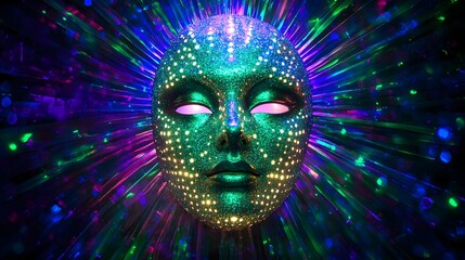 A mask illuminated by mystical emerald green and royal purple rays radiating outward