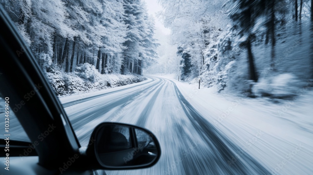 Poster the vehicle navigates a snowy, winding road bordered by frost-covered trees, creating a serene winte