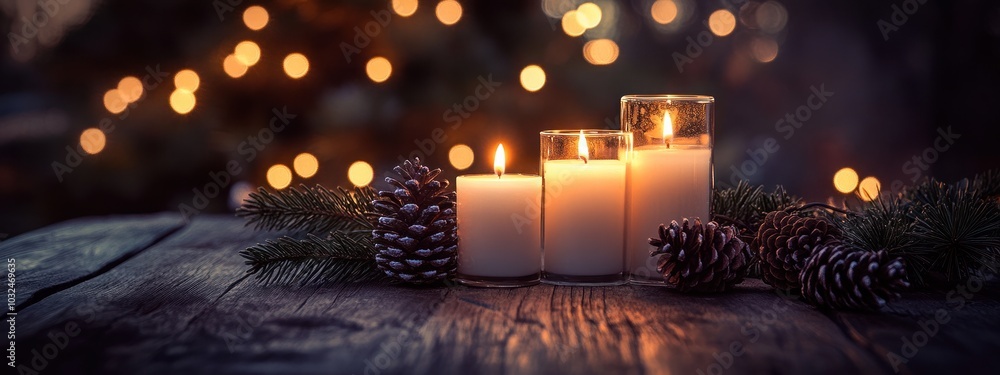 Poster Three burning candles on a wooden table with pine cones and evergreen branches in a warm, romantic setting with soft bokeh lights in the background.