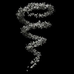 The image shows a 3D vortex resembling a tornado made of numerous realistic banknotes. The bills spiral, creating the effect of a dynamic cash flow on a black background, gradually disappearing.