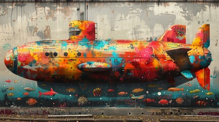 submarine, blend of realistic and fantastical design, vibrant colors, intricate spray paint details, ocean background, air spray painting, graffiti wall, underwater creatures, surreal elements