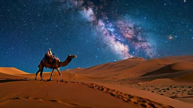 camels in the desert with milky way night sky