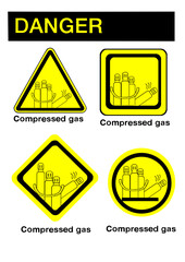 Cuatro modelo de carteles indicando el peligro de caida de garrafas con la palabra Danger 