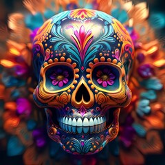 Día de los Muertos sugar skull in vibrant colors and an abstract background.
