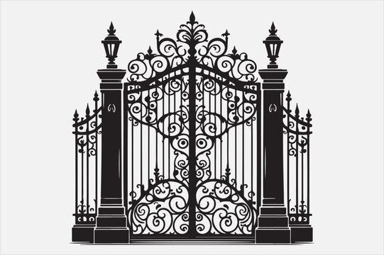 recommend clip art: A  iron gate with two tall pillars on each side.