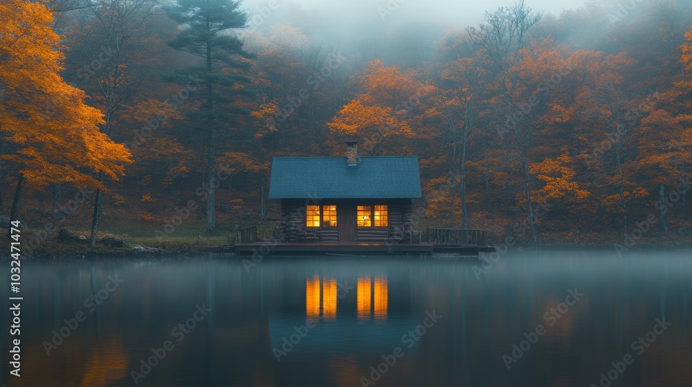Poster a charming wooden cabin stands at the edge of a still lake, its warm lights glowing against the back