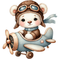Fototapeta premium Teddy bear pilot in a vintage airplane with aviator goggles. Aviation and children's adventure concept for greeting cards.