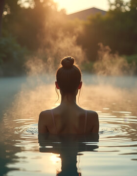 Tranquil woman enjoying misty sunrise in relaxing warm water spa for wellness retreat