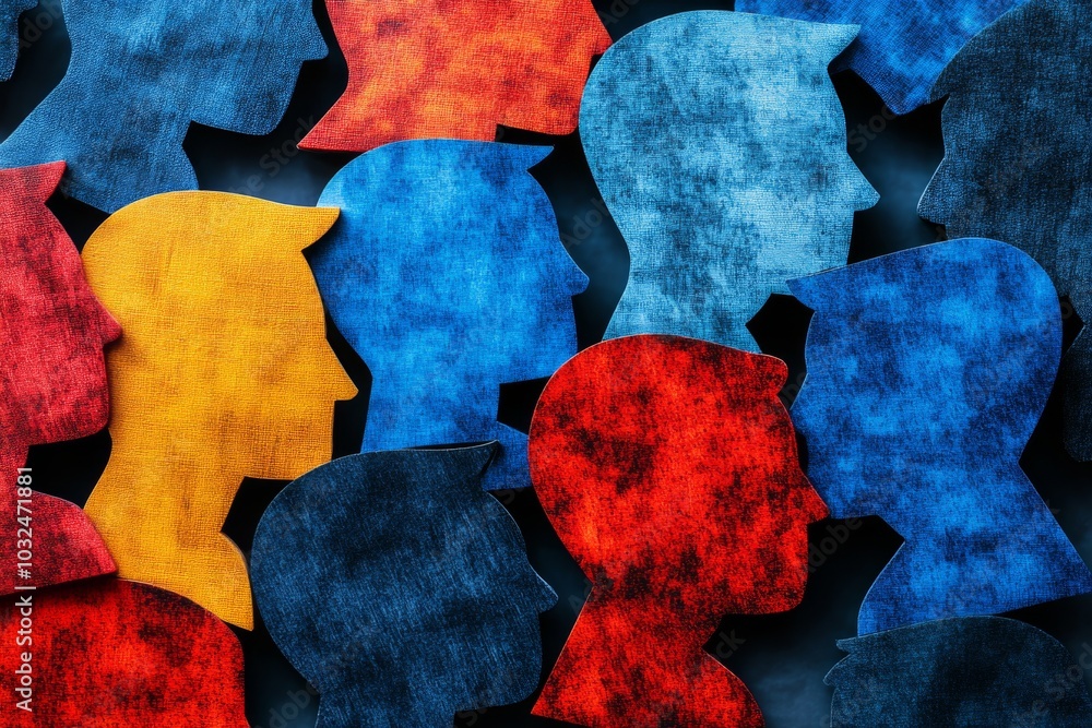 Poster overlapping silhouette profiles in bold yellow red and blue tones with cracked textures representing