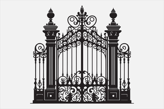 recommend clip art: A  iron gate with two tall pillars on each side.