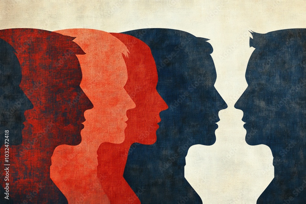 Poster overlapping silhouettes of red and blue profiles facing each other symbolizing conversation debate a